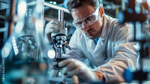 A lab technician wearing safety glasses and gloves meticulously adjusts the settings on a scientific microscope during an experiment