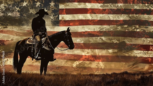 Silhouette of a cowboy on a horse with an American flag background. Perfect for patriotic and Western-themed designs.