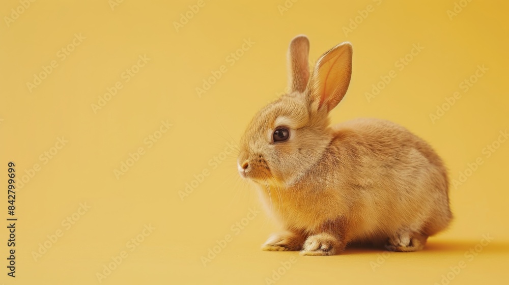 A small, brown rabbit sits on a yellow background, facing to the left. It has large ears and a fluffy tail. A small, brown rabbit sits on a yellow background, facing to the left. It has large ears and a fluffy tail.