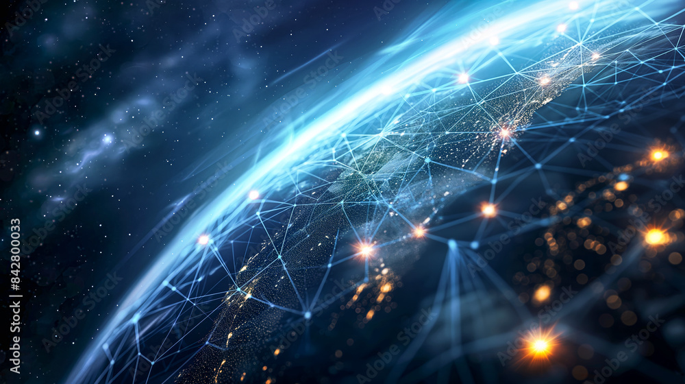 A digital illustration of Earth seen from space, Global Connectivity: Earth Encircled by a Digital Network A digital illustration of Earth seen from space, Global Connectivity: Earth Encircled by a Digital Network