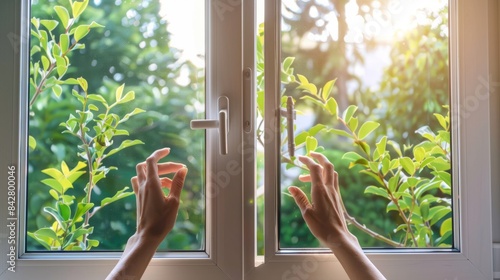 A persons hand reaches out of a window to let fresh air in, showcasing the importance of natural light and ventilation photo