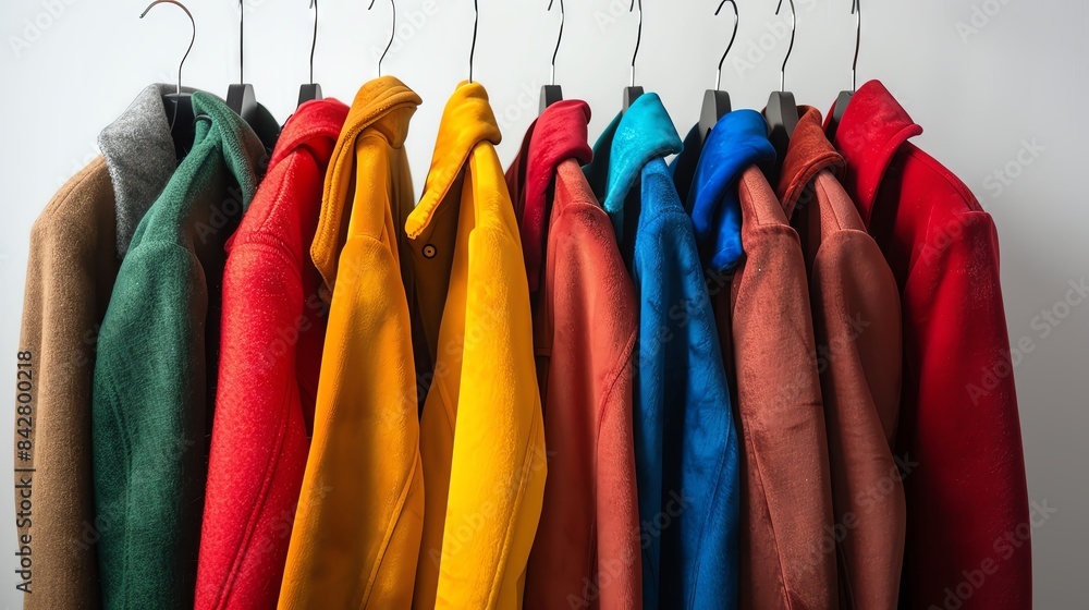 Colorful jackets hanging on a rack against a white wall.