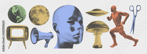 Planet, moon, woman, dummy, mushroom, TV, alien ship. Contemporary surreal graphics from the '90s. Retro halftone collage elements with a dotted, photocopy effect for t-shirt 