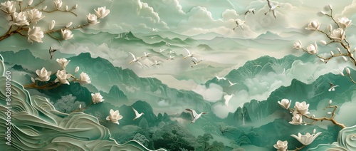 3D luxury wallpaper with green and white colors  mountain landscape  flying birds  clouds  magnolia flowers.