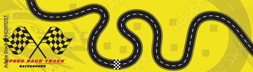 Creative vector illusion of race track isolated on yellow background. Speed race track background design with sport car.