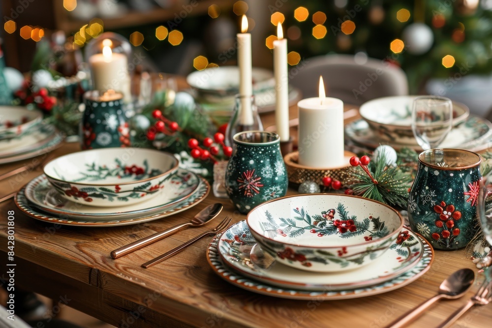 A table is set for a Christmas dinner with red and white plates, silverware A table is set for a Christmas dinner with red and white plates, silverware