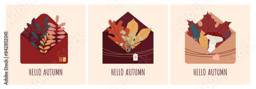Autumn Envelope Cards with Seasonal Foliage and Mushrooms