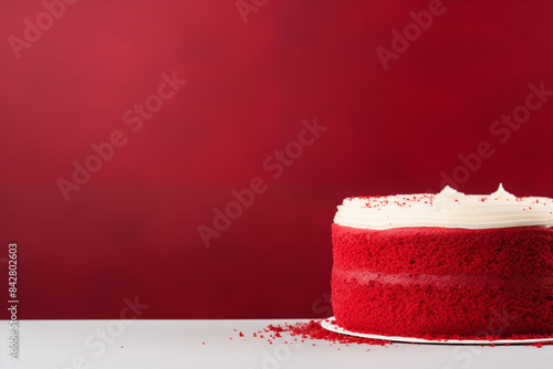 Red velvet cake with red background and copy space for text photo
