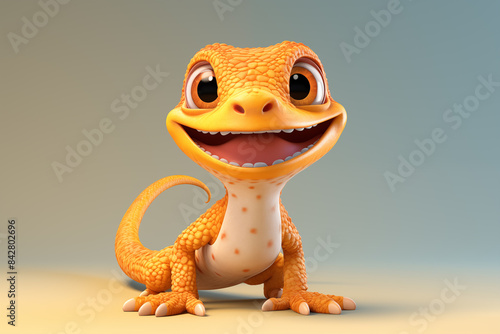 Adorable 3d rendered cute happy smiling and joyful baby gecko cartoon character
