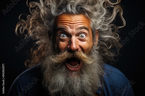 Close the portrait of a funny bearded man looks surprised, touches the cheeks and , generative IA photo