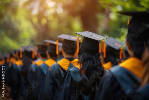 A group of graduates wearing caps and gowns are lined up