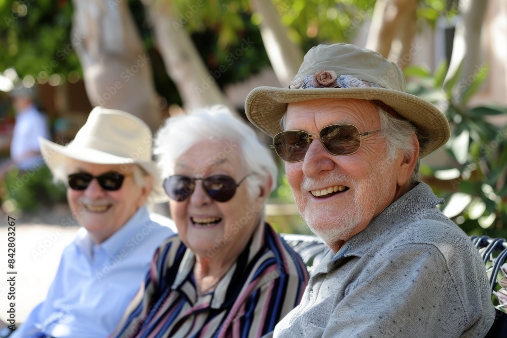 Portrait of a happy elderly couple sitting in a park in summer Portrait of a happy elderly couple sitting in a park in summer