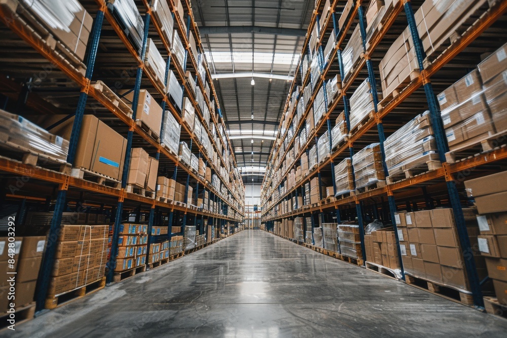 A large warehouse with many boxes on the shelves A large warehouse with many boxes on the shelves