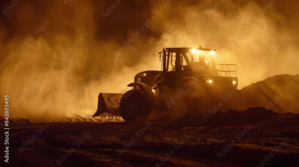 A bulldozer pushing mounds of dirt creates a cloud of dust in the illuminated area. A bulldozer pushing mounds of dirt creates a cloud of dust in the illuminated area.