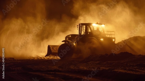 A bulldozer pushing mounds of dirt creates a cloud of dust in the illuminated area.