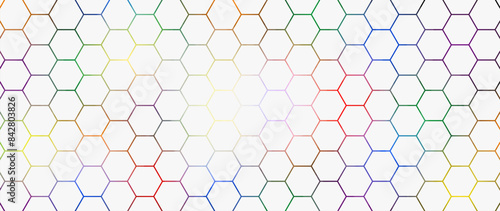 White hexagon abstract technology background with colorful bright flashes under hexagon. Hexagonal gaming vector abstract tech background.