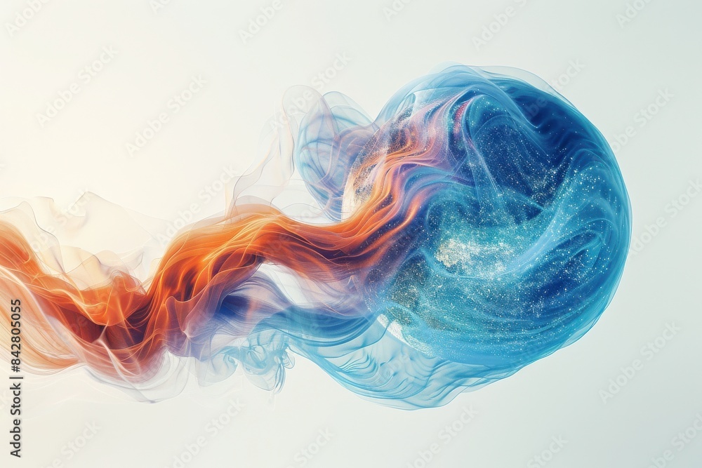 A blue and orange swirl of smoke with a blue sphere in the middle A blue and orange swirl of smoke with a blue sphere in the middle