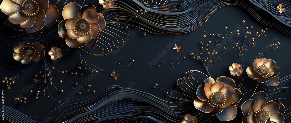 Black flower with Golden Leaves on Abstract Black Background Black flower with Golden Leaves on Abstract Black Background