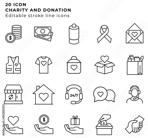 20 line icon charity fundraising donation set