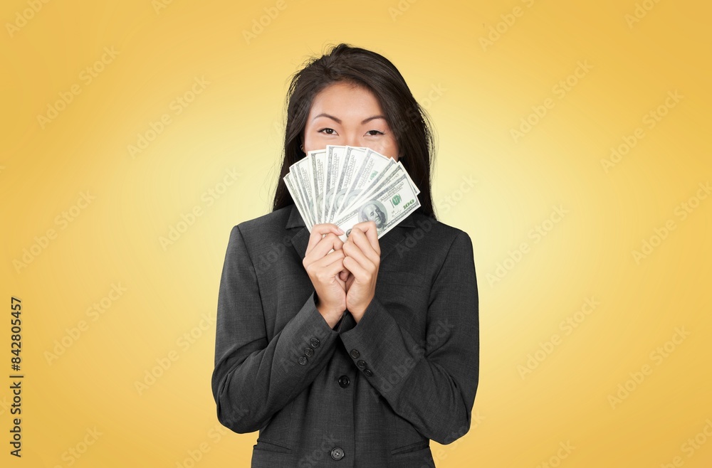 Young girl student hold cash money banknotes Young girl student hold cash money banknotes