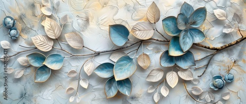 3d wallpaper, grey stone background with blue leaves and flowers #842805421