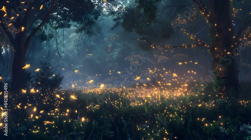 Mesmerizing Light Show of Fireflies in Moonlit Forest Clearing photo