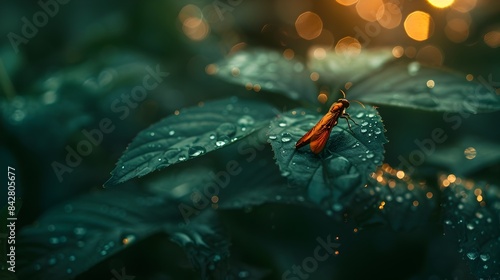 Single Glowing Firefly on Dewy Leaf at Early Evening photo