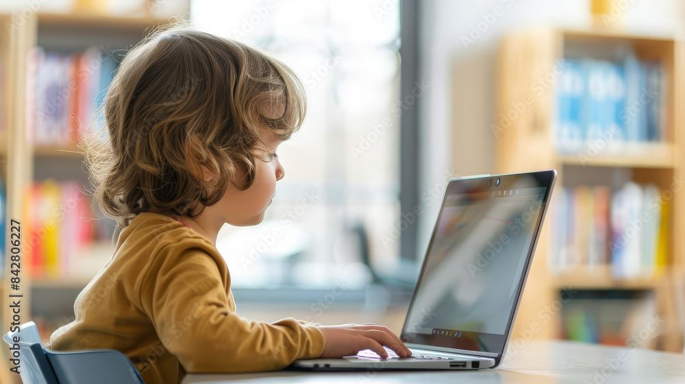 A child learning online during a class, represents elearning, with copy space A child learning online during a class, represents elearning, with copy space