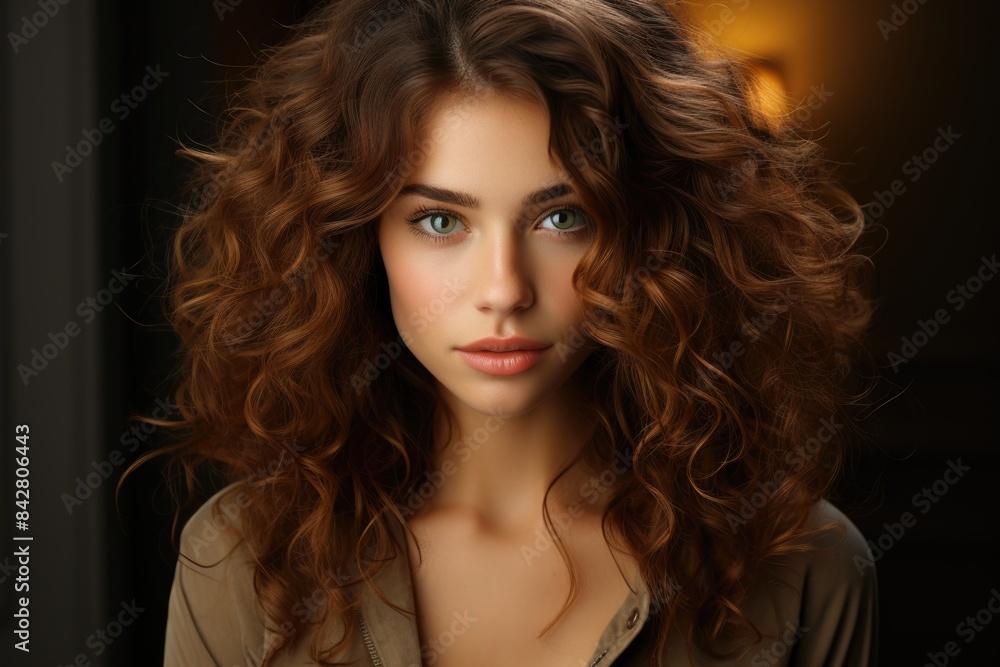 Youth of pleasant appearance, lovely woman with curly brown hair, keeping her hand, generative IA