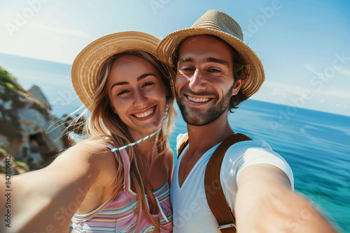 A couple enjoying a travel selfie on vacation, embodies the spirit of exploration and adventure, with copy space © Shutter2U