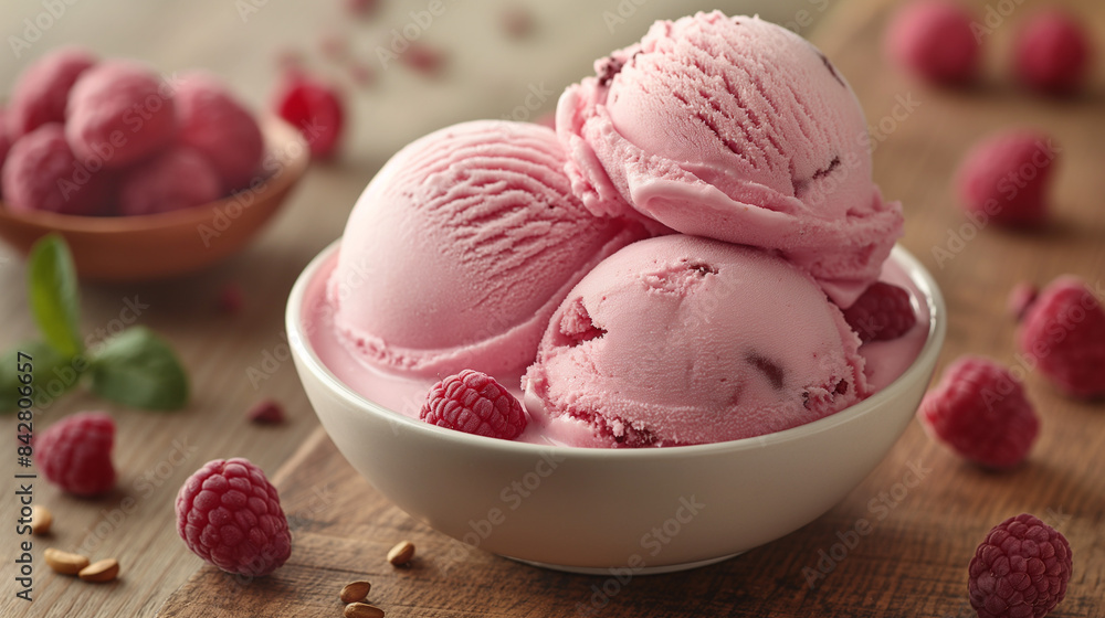 Homemade ice cream made from fresh berries with basil in glass bowl Homemade ice cream made from fresh berries with basil in glass bowl
