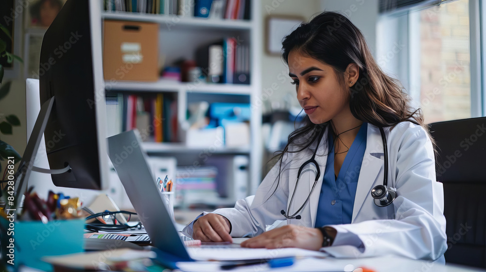 A female doctor working at her desk, highlights healthcare, with copy space A female doctor working at her desk, highlights healthcare, with copy space