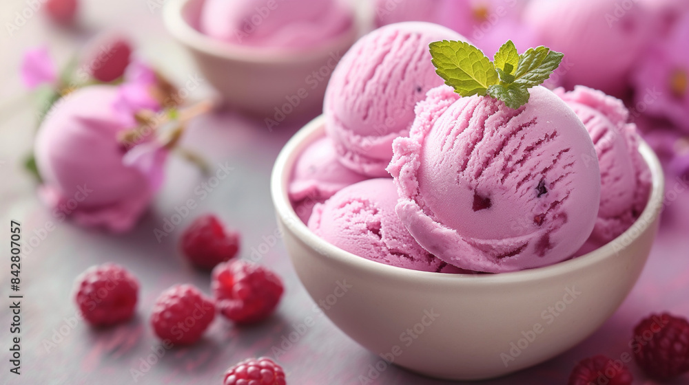 Homemade organic ice cream scoops with berries and raspberry