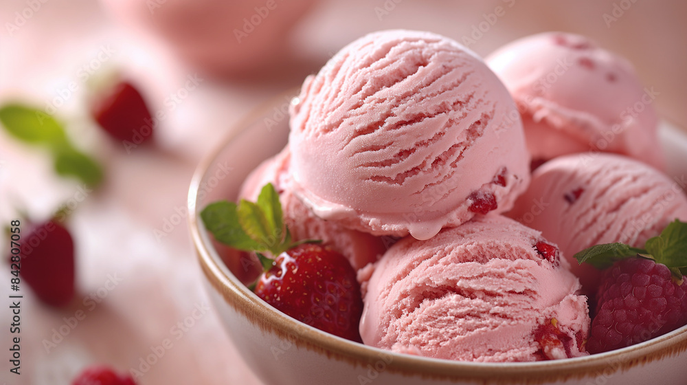 Homemade organic ice cream scoops with berries and raspberry Homemade organic ice cream scoops with berries and raspberry
