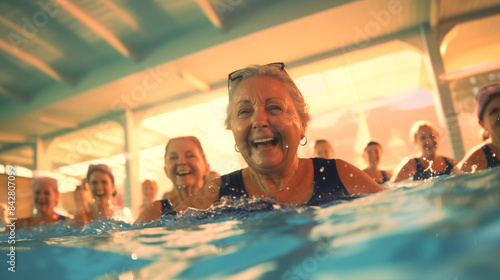 Elderly woman enjoying exercise class in pool Living a healthy retirement life in old age