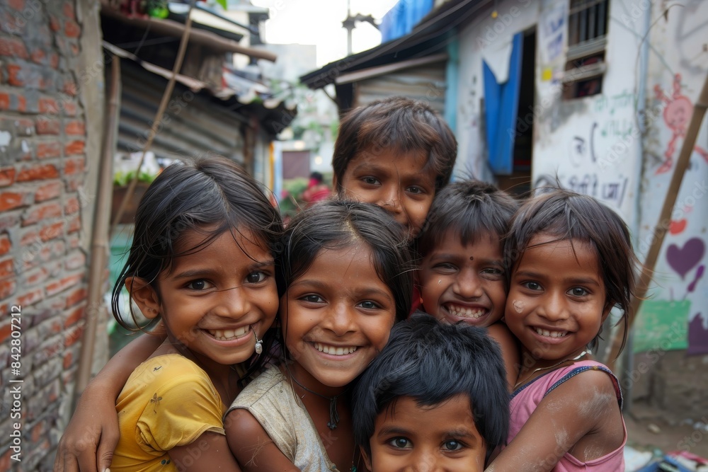 Group of happy indian kids smiling at camera in a street. Group of happy indian kids smiling at camera in a street.