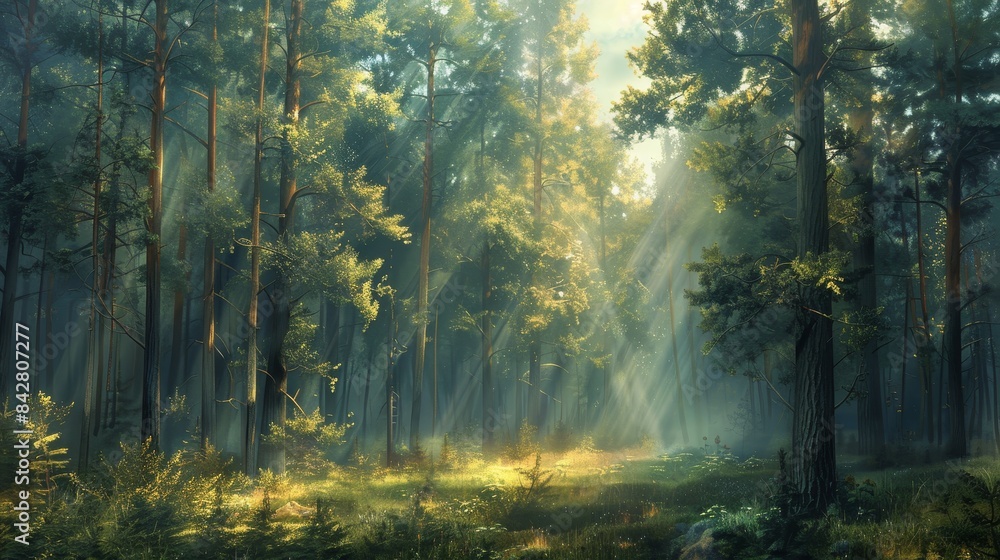 Forest landscape with tall trees, dappled sunlight, and a misty atmosphere Forest landscape with tall trees, dappled sunlight, and a misty atmosphere