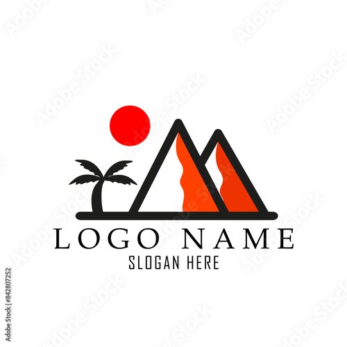 a simple mountain logo with palm tree and sun suitable for summer vacation