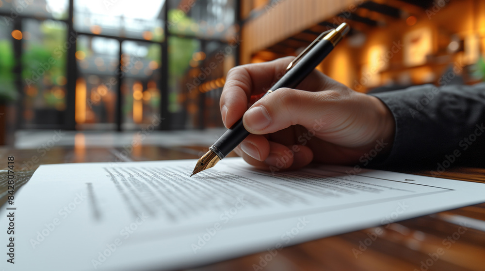Close-up of a businessman's hand signing a document business deal Cooperation of two businesses to work together Close-up of a businessman's hand signing a document business deal Cooperation of two businesses to work together