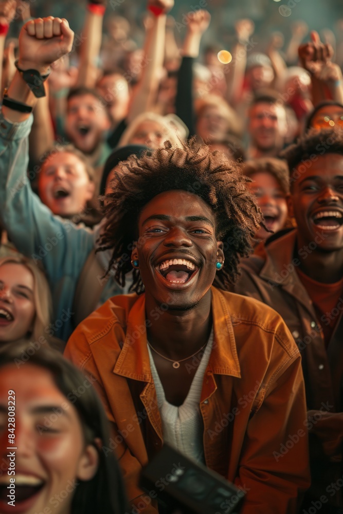 A man with a big smile on his face is holding his hands up in the air