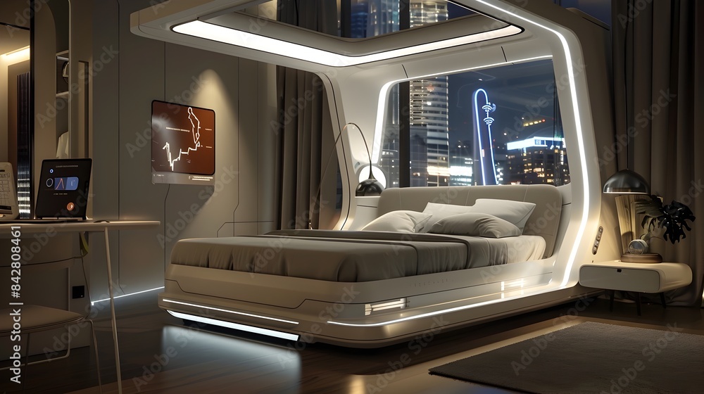 Fototapeta premium Futuristic Smart Bed with Adjustable Lighting and Climate Control in a Modern Bedroom