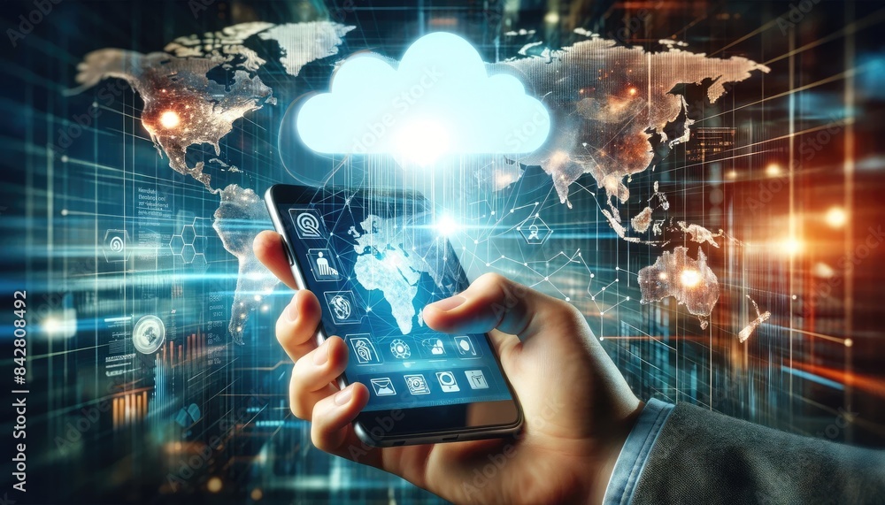 A photograph of a hand holding a smartphone with a projection of a world map and a blue digital cloud with a mesh texture above the device. A photograph of a hand holding a smartphone with a projection of a world map and a blue digital cloud with a mesh texture above the device.