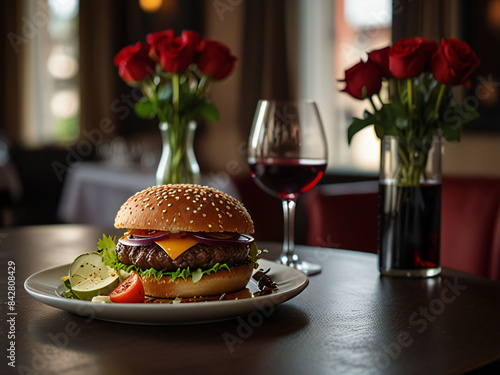Restaurant dish with wine glasses and rose flowers