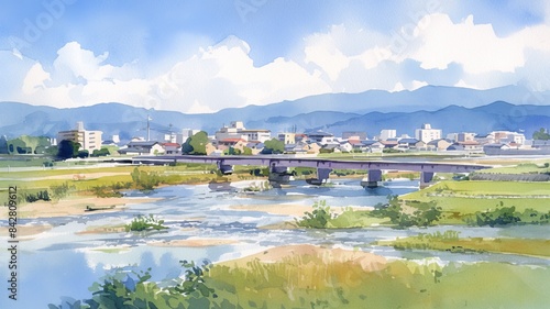 橋の見える土手の風景_4