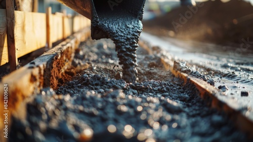 The cement pours effortlessly into a wooden mold forming the foundation for a new building.