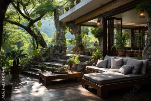 Zen terrace surrounded by plants, ideal for yoga., generative IA © JONATAS