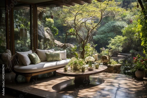 Zen terrace surrounded by plants, ideal for yoga., generative IA