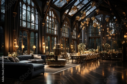 Luxurious ballroom with crystal chandeliers and elegant furniture., generative IA © JONATAS