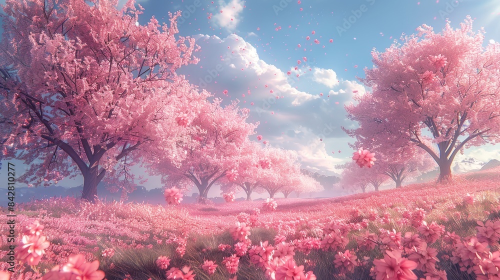 Cherry blossom trees in full bloom, soft pink flowers and gentle breeze Cherry blossom trees in full bloom, soft pink flowers and gentle breeze