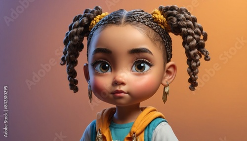 A young girl with dark skin and braided hair, wearing a blue shirt and a vest, standing on a gradient powerful orange background. A chibi-style 3D image